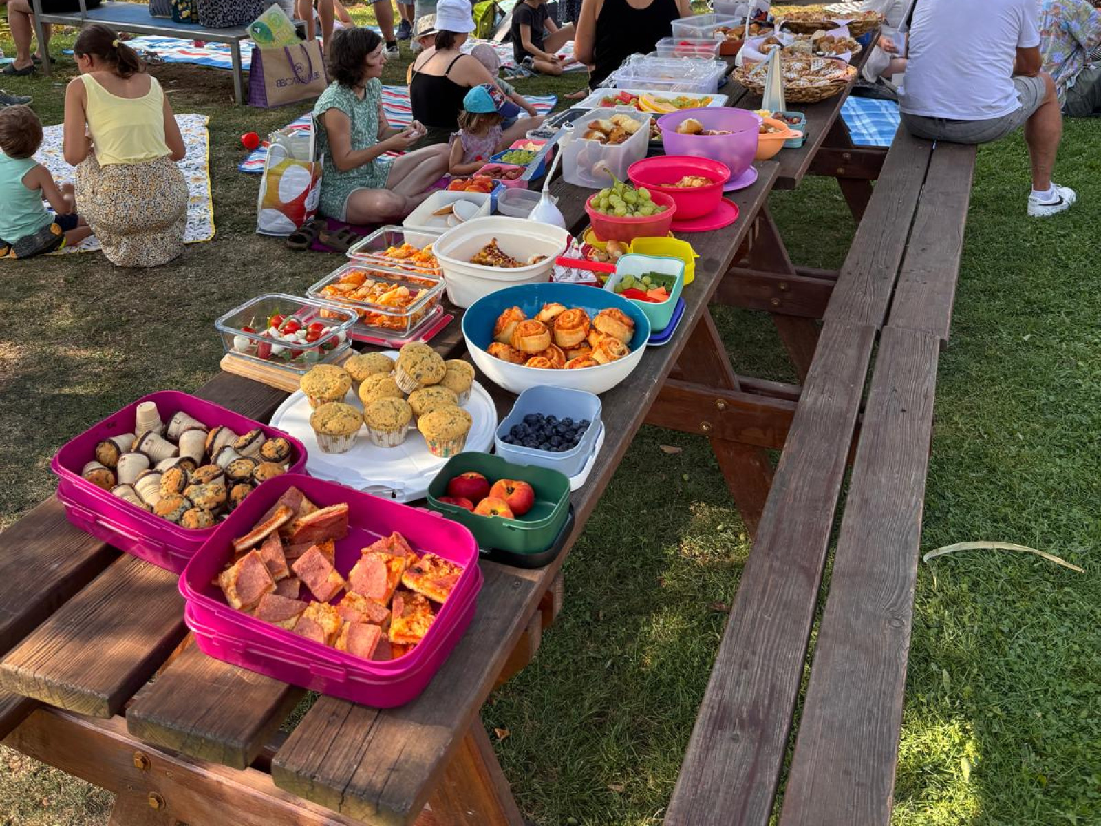 Tisch mit Picknick-Essen und Menschen, die im Park sitzen.