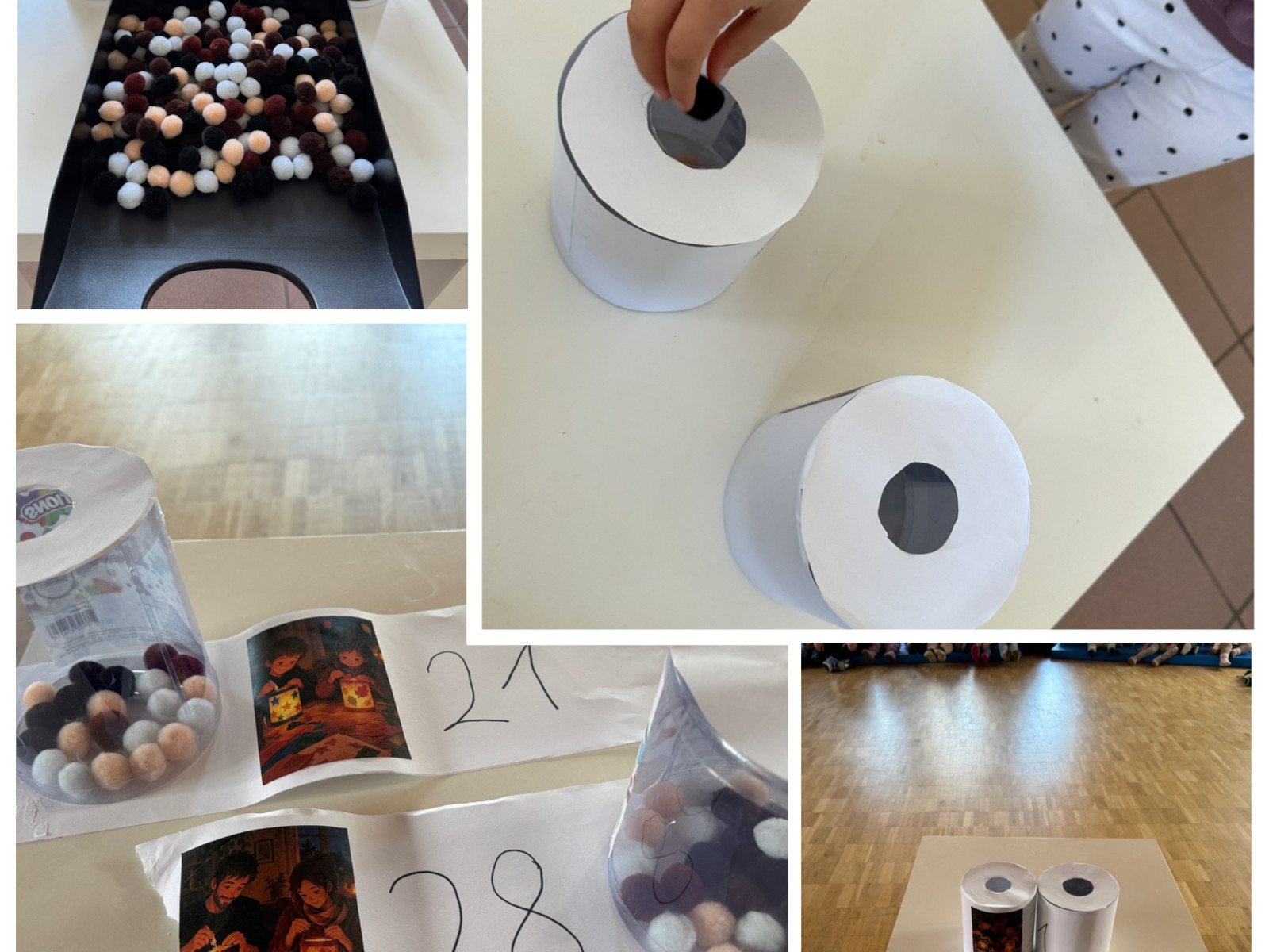 Mensch legt Kugeln in Behälter, daneben Collage mit Pompons und Tischen.