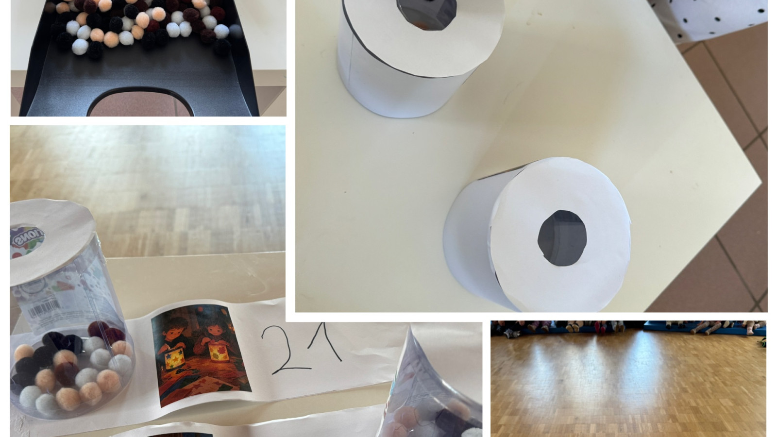 Collage von Kindern, die Pompons in Behälter werfen, mit nummerierten Fotos auf einem Tisch.